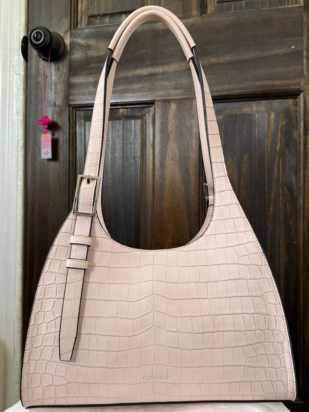 Light Pink Calvin Klein Quill Soft Croco Shoulder Bag